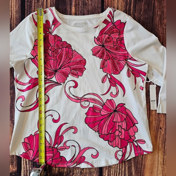 Chico's Size Large Cotton Kasbah Pink Floral Embellished Perfect Tee 3/4 Sleeve - Picture 7 of 9